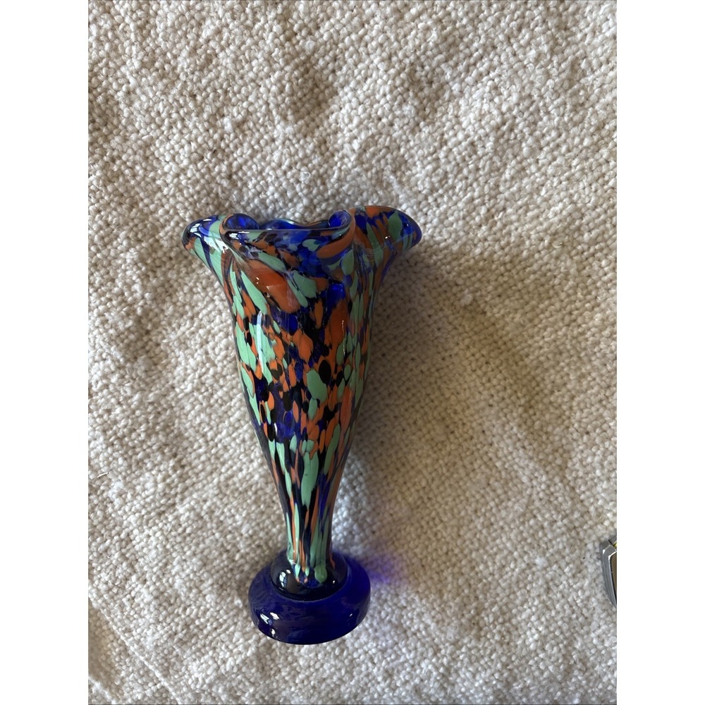 VTG Art Glass Murano Style Fluted Multi Color Vase
